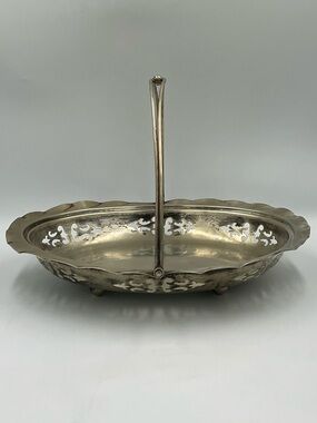 Vintage Plato Silver EPNS Decorative Pierced Basket w/ Swing Handle Ball Feet